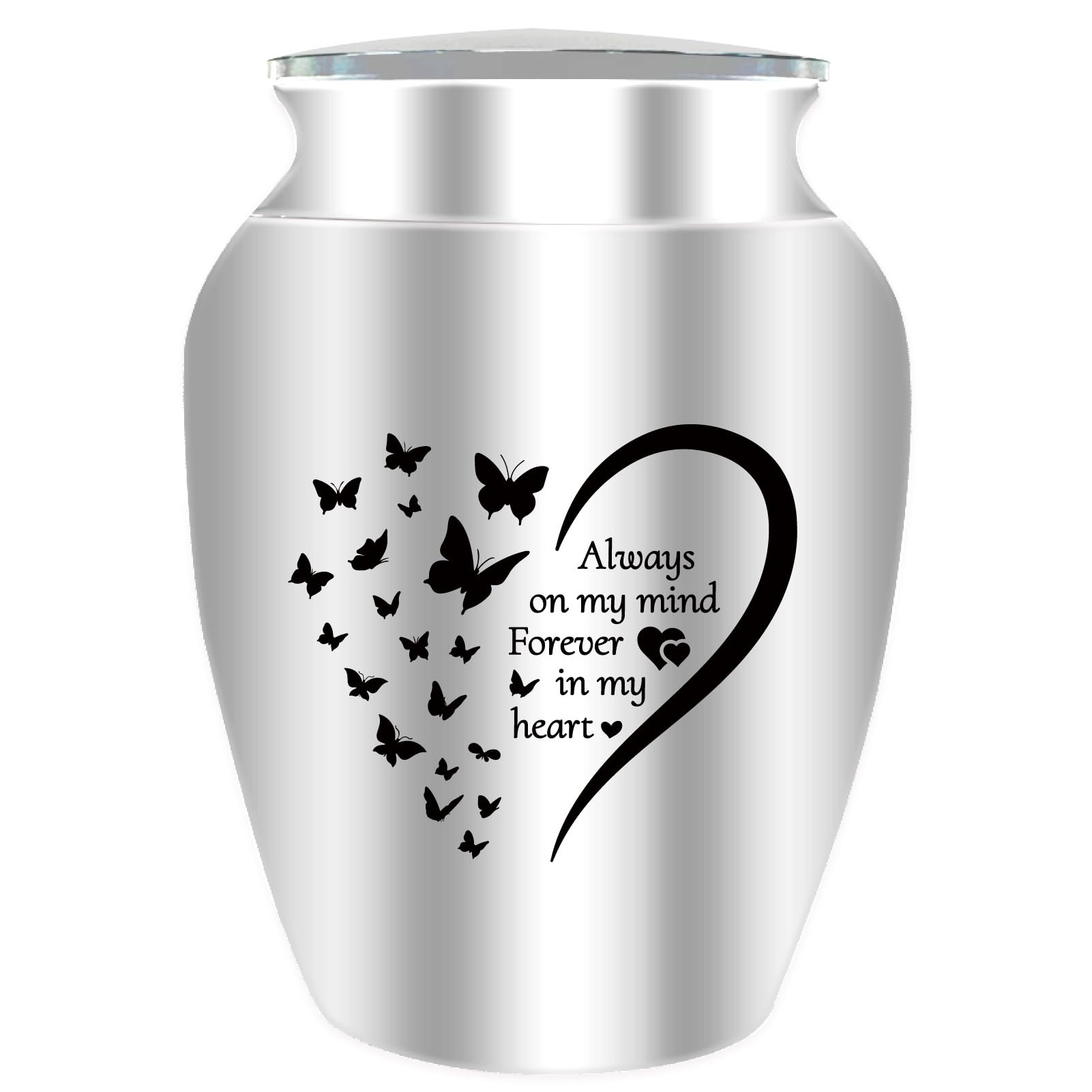 CREATCABIN Small Urn for Ashes Butterfly Mini Urn for Ashes Aluminum Ashes Holder Funeral Cremation Engraved Word with Velvet Bag Memorial Gift for Mom Dad Family 2.6x1.8 Inch Forever in My Heart