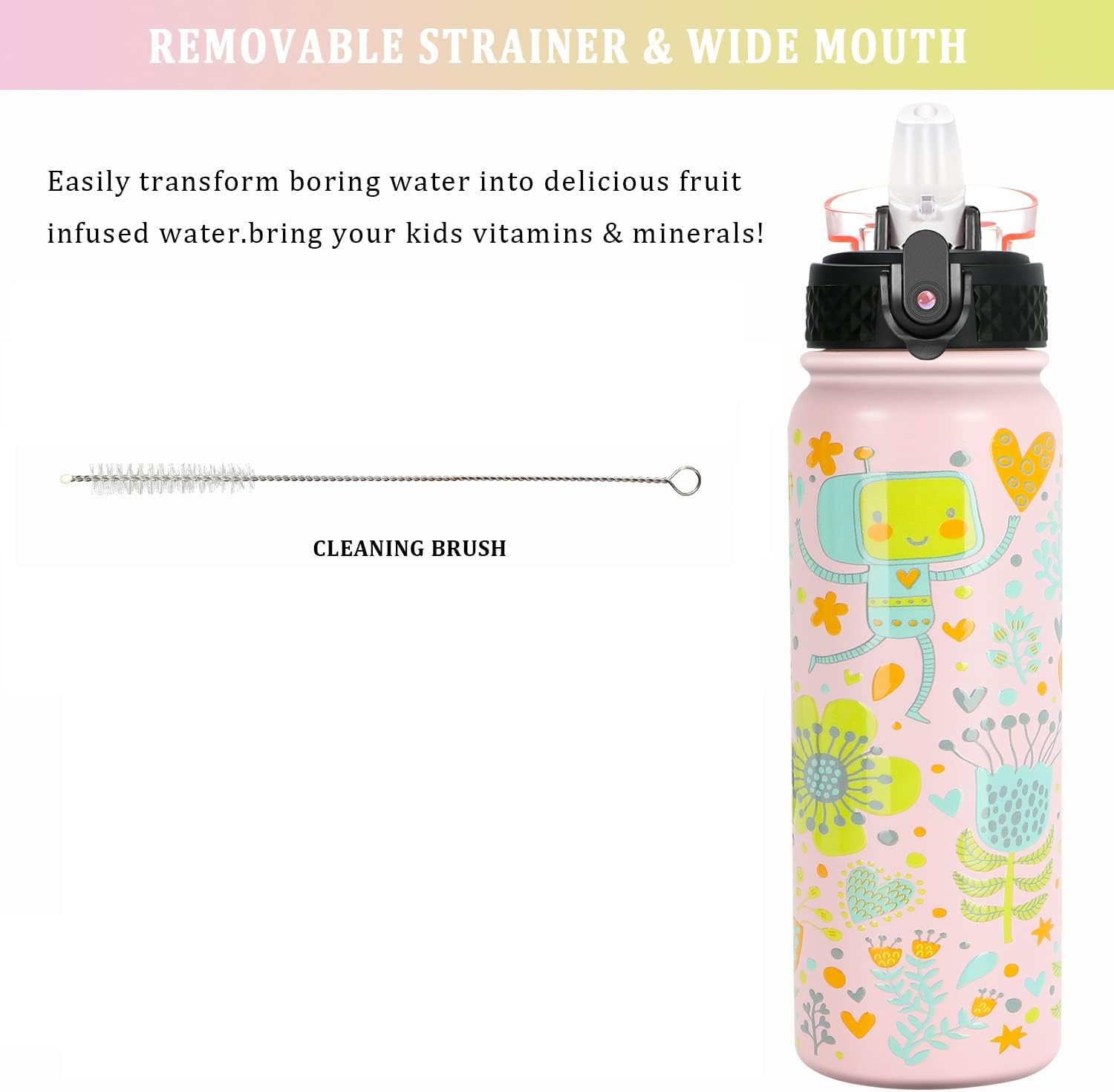 GOPPUS 600ml/20oz Stainless Steel Water Bottle with Straw Insulated Sports Bottle Cold Flask with Straw Double Walled Flip up Metal Water Bottles Leakproof Water Bottle for Gym Sports - Image 2