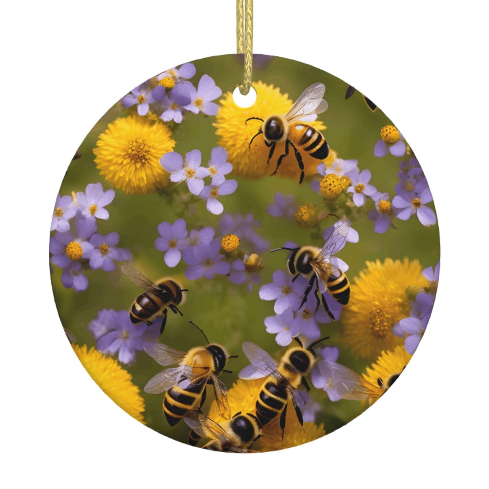 Rural Honey Bees Wildflowers Print Christmas Ornaments, Ceramic Hanging Ornament, Round Shape Decorations