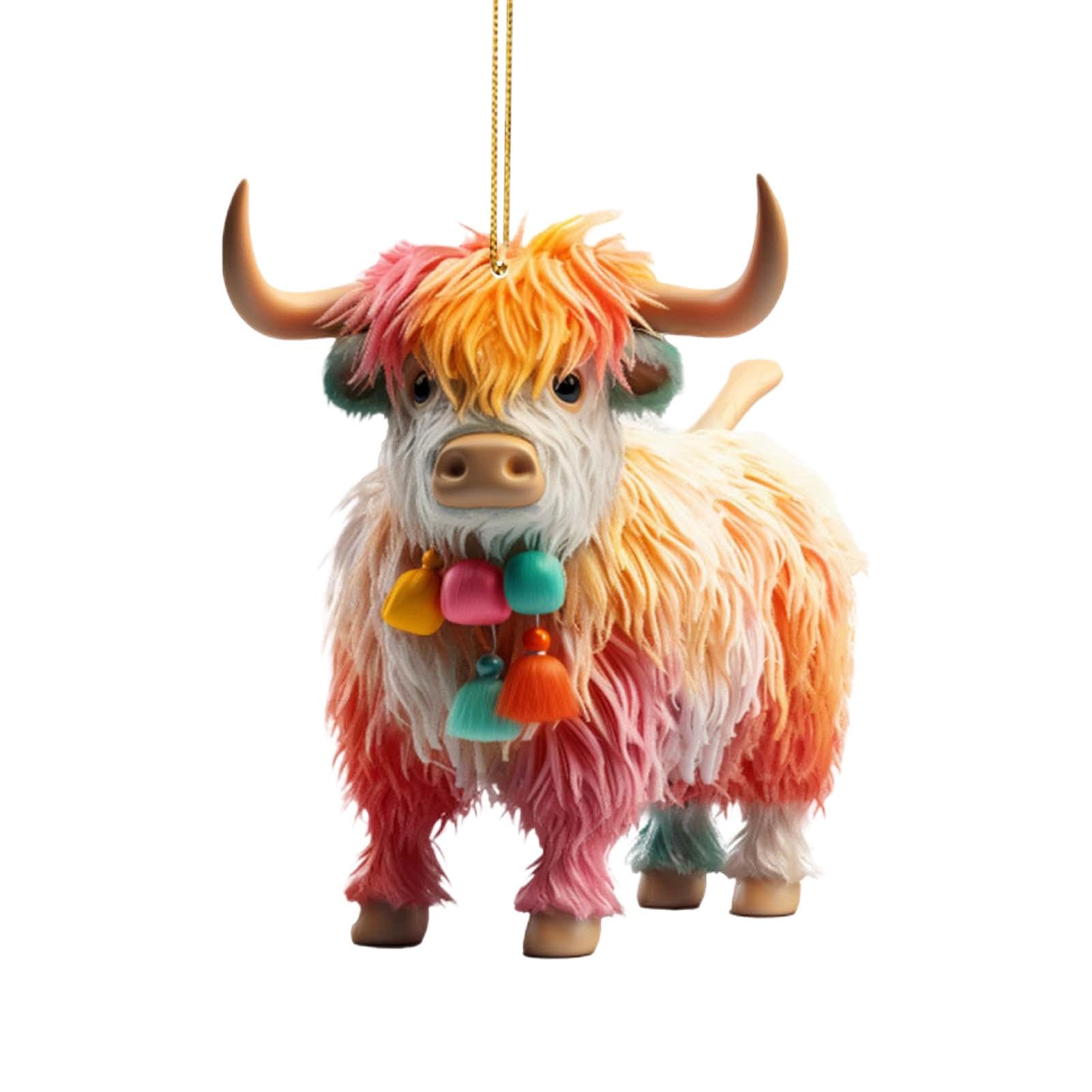 Highland Cow Hanging Ornaments - Auto Rear View Charm & Tree Holiday Cartoon Cow Car Pendant