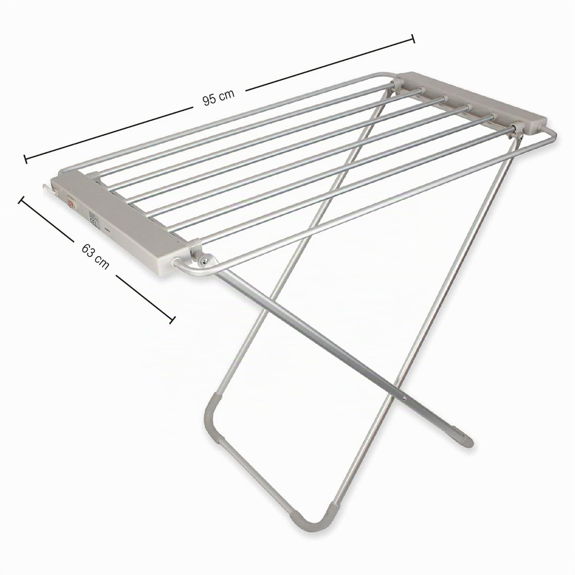 Fishtec Stendibiancheria Elettrica Riscaldante 8 Barre - Asciugamano Elettrico - Porta Asciugamano - 95 X 63 X 74 cm - Alluminio Spazzolato - Asciugatura Rapida - Pieghevole - Abbigliamento