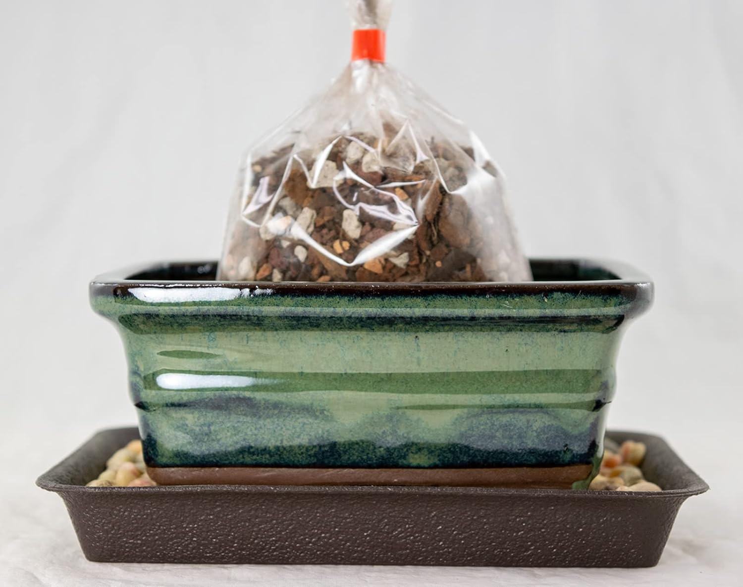 6inch Rectangular Green Bonsai Succulent Pot Soil Tray Rock Mesh Kit