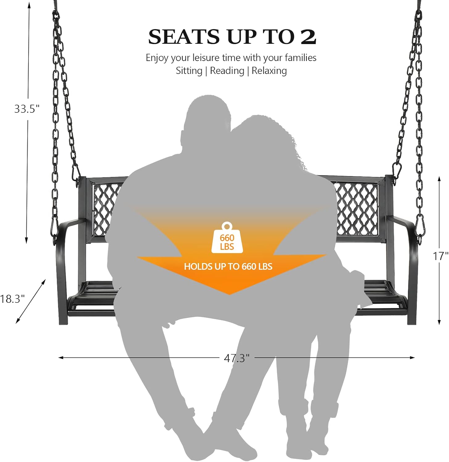 Close-up of VINGLI porch swing seat detailing ergonomic curve and dense intervals