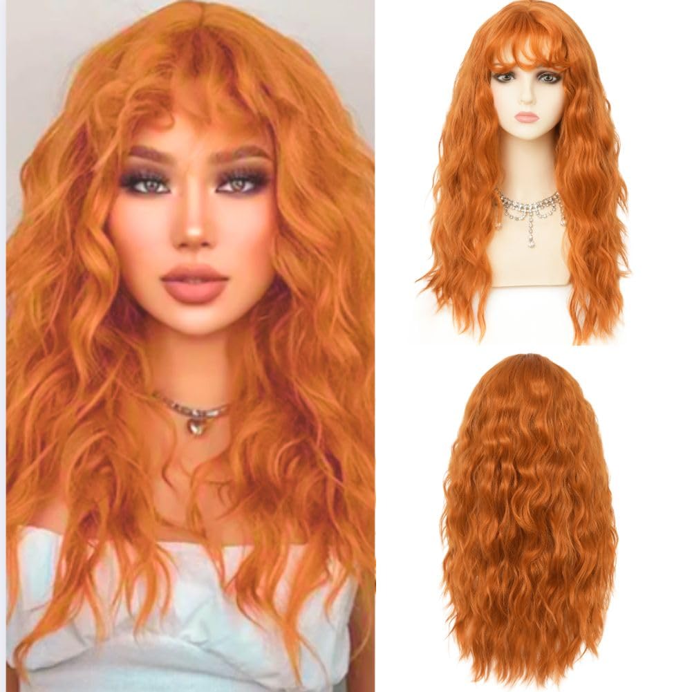 Orange Curly Long Wigs for Women with Bangs Natural Shag Wavy Wig 24Inch Synthetic Fluffy Ginger Hair Wig for Halloween Use (Orange)