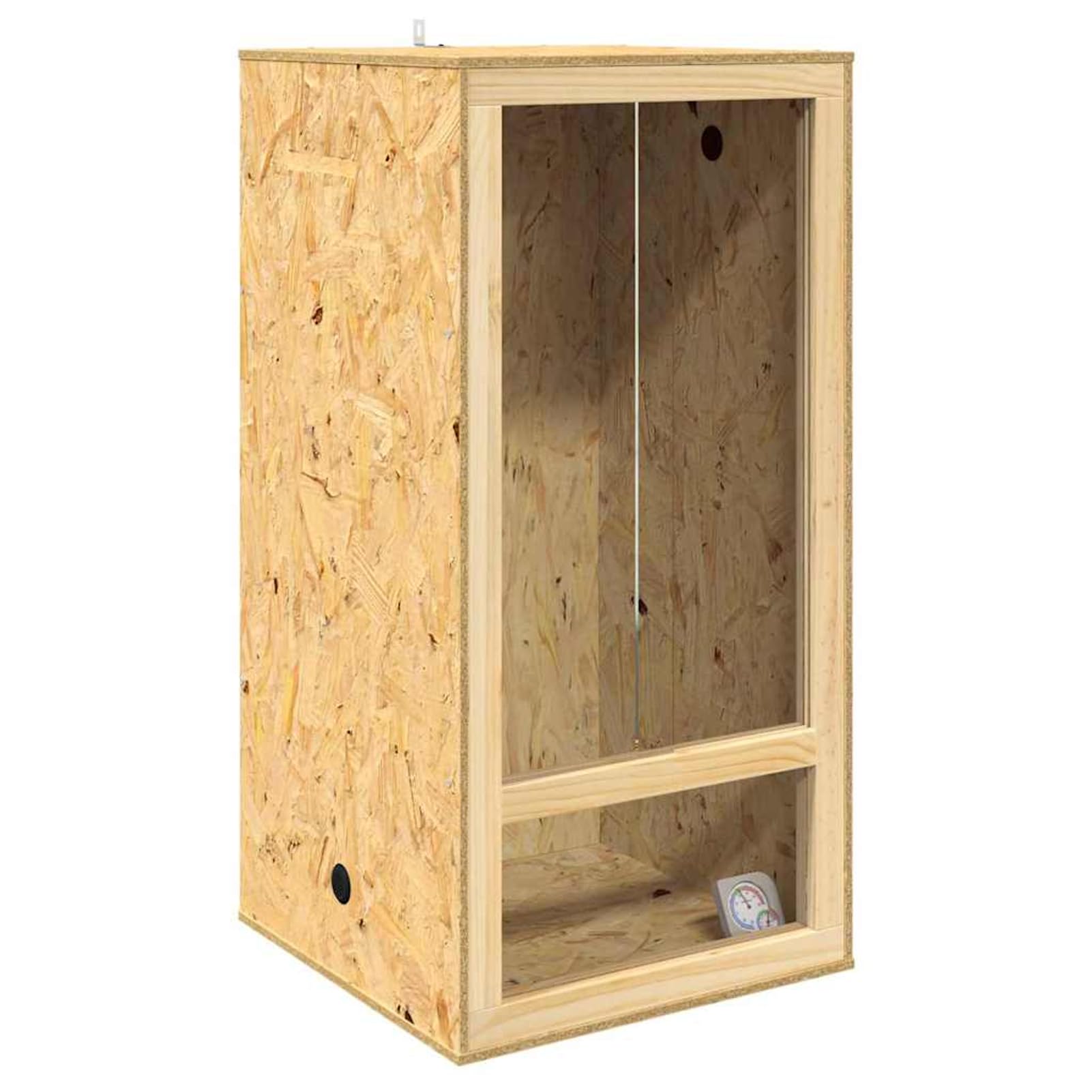 Terrario OSB Quadrato con Porta Scorrevole e Termometro, 50x50x100 cm, Colore Marrone Opaco, Ventilazione Laterale, per Anfibi e Rettili, per Uso Interno, Assemblaggio Richiesto