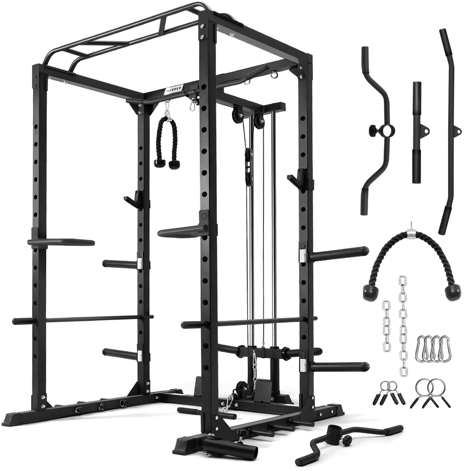 RitFitAll-in-One Squat Rack for Home Gym, PPC02C Multi-Function 1000 LBS Capacity Power Cage with LAT Pulldown, Pulley System, Dip Bar, Landmine & More Power Rack Attachments, Package