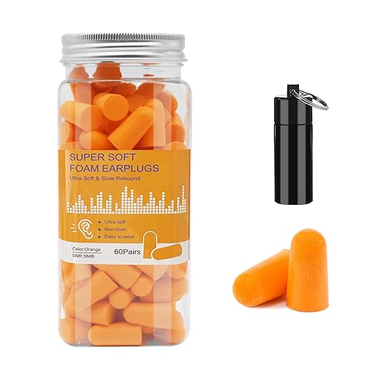 Soft Foam Ear Plugs with Aluminum Carry Case, 60 Pairs - 38db Noise Reduction Sponge Earplugs Noise Cancelling Ear Plugs for Sleeping , Travel, Concerts, Studying, Work, Loud Noise (Orange)