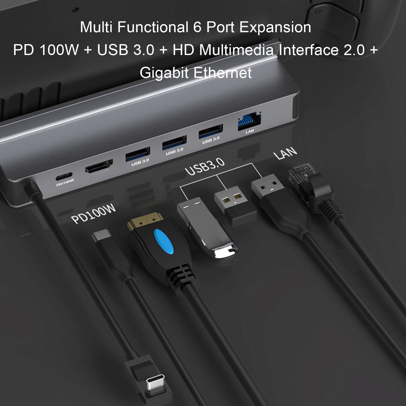 Dock 6 in 1, Docking Station per ROG Ally Steam Deck Legion Go con 4K 60Hz HD 2.0 Gigabit Ethernet 100W PD Ricarica Porte USB 3.0, per Laptop PC Telefoni