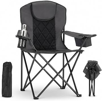 Extra Wide Heavy Duty Camping Chair for Adults   Oversized Folding Chair for Big & Tall Users, 400lbs Capacity, Padded Headrest, Insulated Cooler Bag & Cup Holder for Camping, Beach & Garden