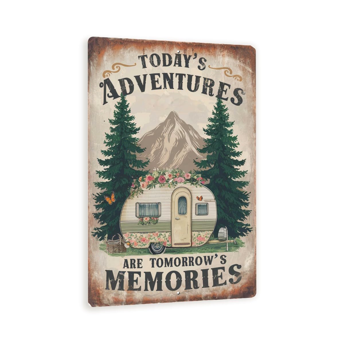 Vintage-Style "Today's Adventures Are Tomorrow's Memories" Metal Sign - Ornate Lettering And Mountainous Landscape 8x12