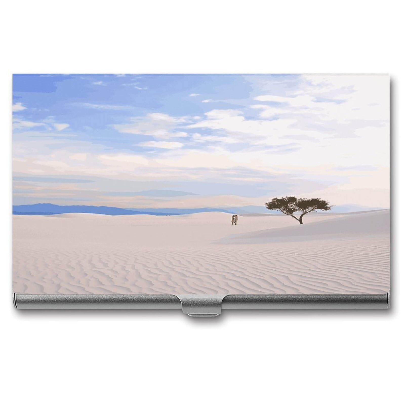 LDGSUPH Romantic White Sand Landscape Business Card Holder Fashion Slim Name Card Holder Minimalist Design Case Metal Card Carrier Personalized Business Card Case with Flip for Men Women