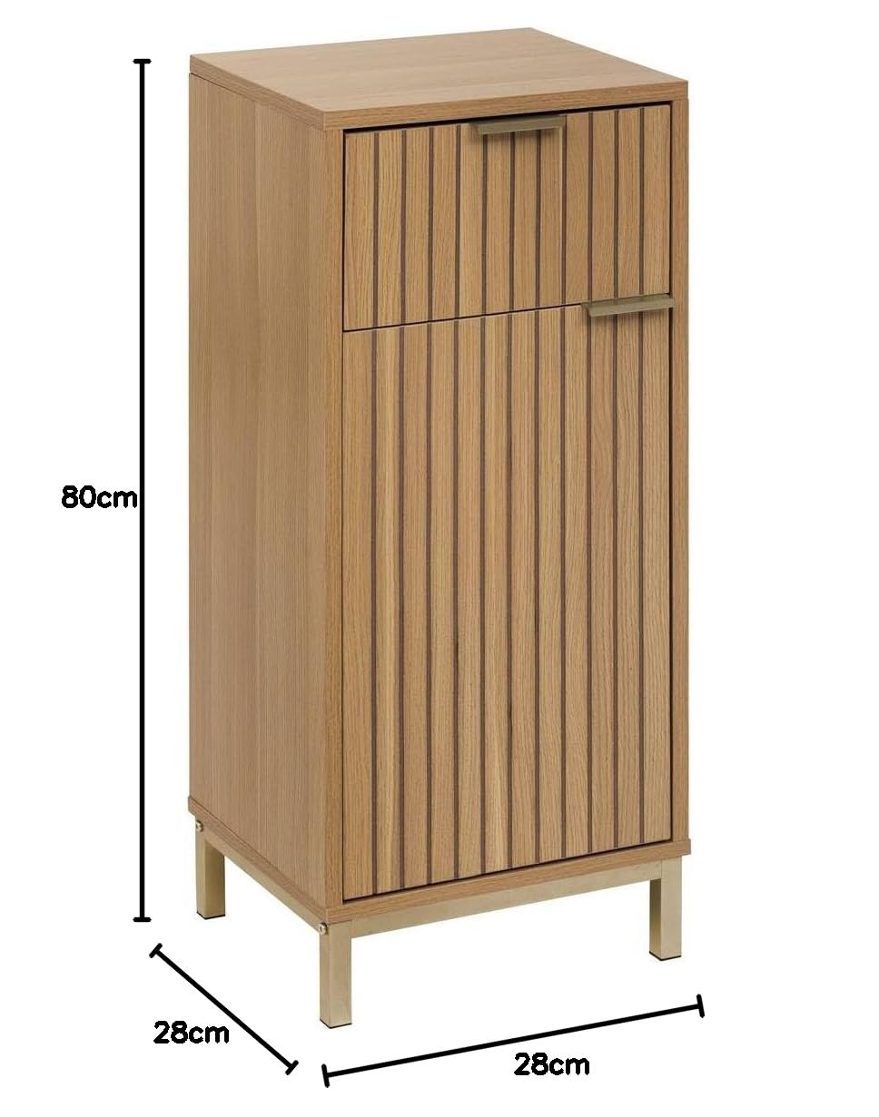 5 five simply smart 5five - Meuble de Rangement Tasso Effet Bois Naturel - L 33 x P 28 x H 80 cm - 1 Porte, 1 Tiroir, Fermeture Douce - pour Salle de Bain, Entrée, Salon