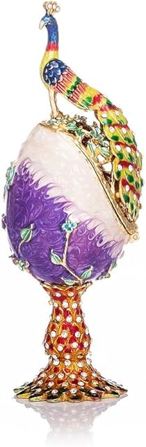 QIFU Hand Painted Enameled Faberge Peacock Egg Style Decorative Hinged Jewelry Trinket Box, Unique Gift for Home Decor