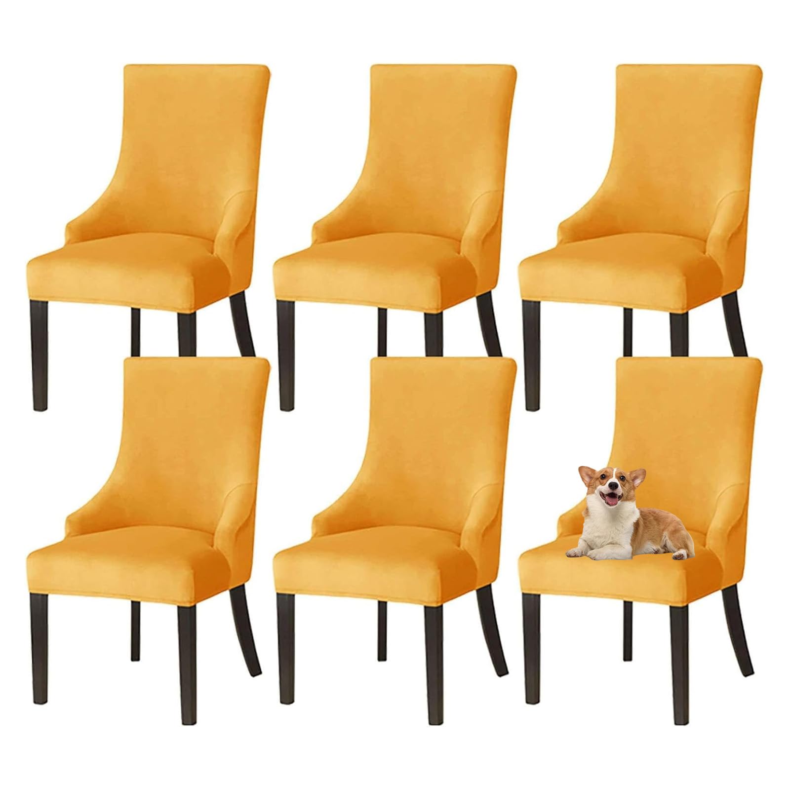 GUYIRT Velvet Wingback Dining Chair Covers Wingback Side Chair Cover Slipcover Sloping Armchair Cover with Elastic Bottom for Kitchen Banquet (yellow,set of 6)