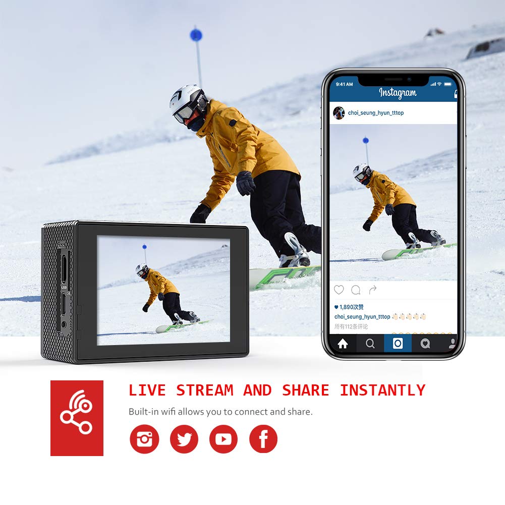 Action CAM AC700 4K 20MP WiFi Cámara subacuática Ultra HD Resistente al Agua 40M Cámara Deportiva 2.0 'LCD 170° Gran Angular 2.4G Mando a Distancia 2 baterías de 1050 mAh y Muchos Accesorios