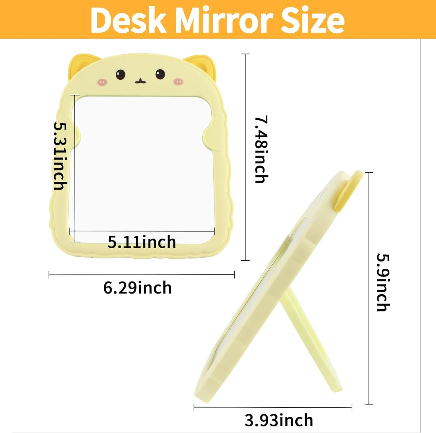 TBWHL Cute Table Desk Mirror Cartoon Cat Mirror for Desk, Desktop Mirror with Stand for Women, Hanging Vanity Travel Makeup Mirror for Dorm, Bedroom, Classroom, Office Cubicle (Yellow Cat)