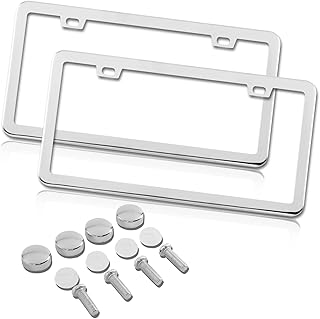 KIWEN License Plate Frames 2 Pack, Stainless Steel License Plate Frames, Universal Car License Plate Covers. Rust-Proof, Weather-Proof Silver White Stainless Steel License Plate Holder