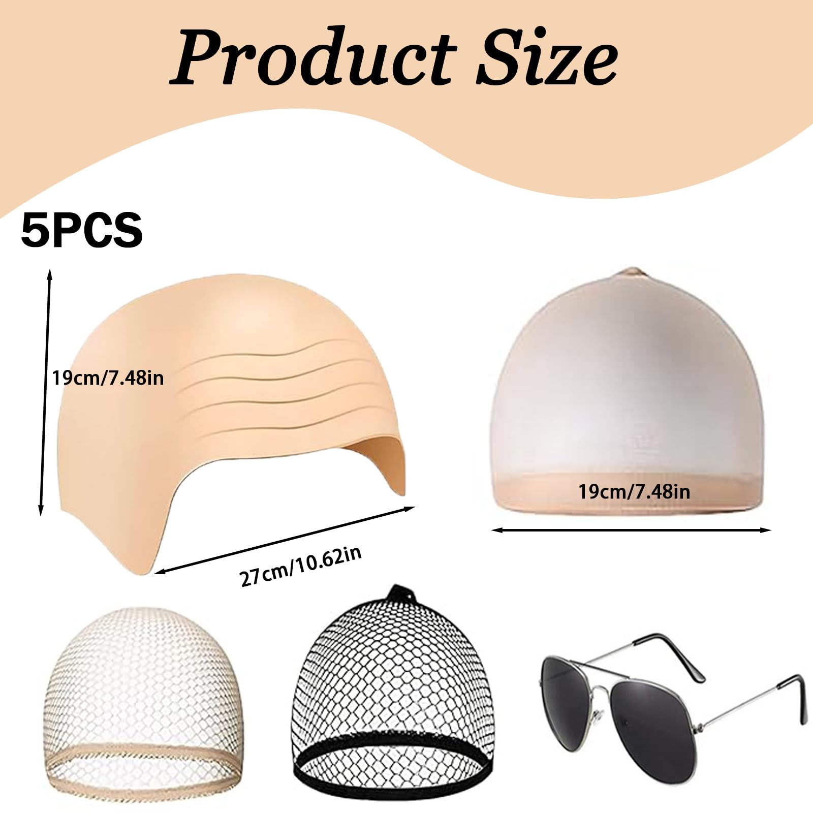 5pcs Bald Cap Adult Set, Wig Cap and Skin Tone Hair Net Ket, Sunglasses, Bald Cap, Bald Caps for Theater, and Cosplay, Easy to Use & Reusable, with 3 Hair Nets - Image 2