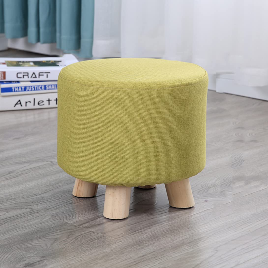 Tabouret ottoman rond en bois et lin avec assise rembourrée, pouf de salon vert élégant
