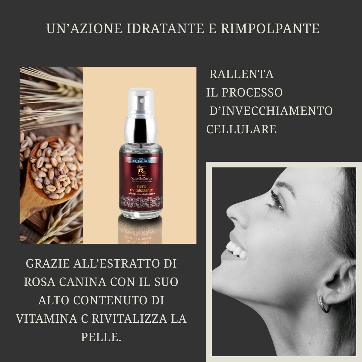 Siero rivitalizzante linea Acido Jaluronico RC, rimpolpante, coenzima Q10, vitamina B5 vitamina C della rosa canina per Uomo e donna,30 ml