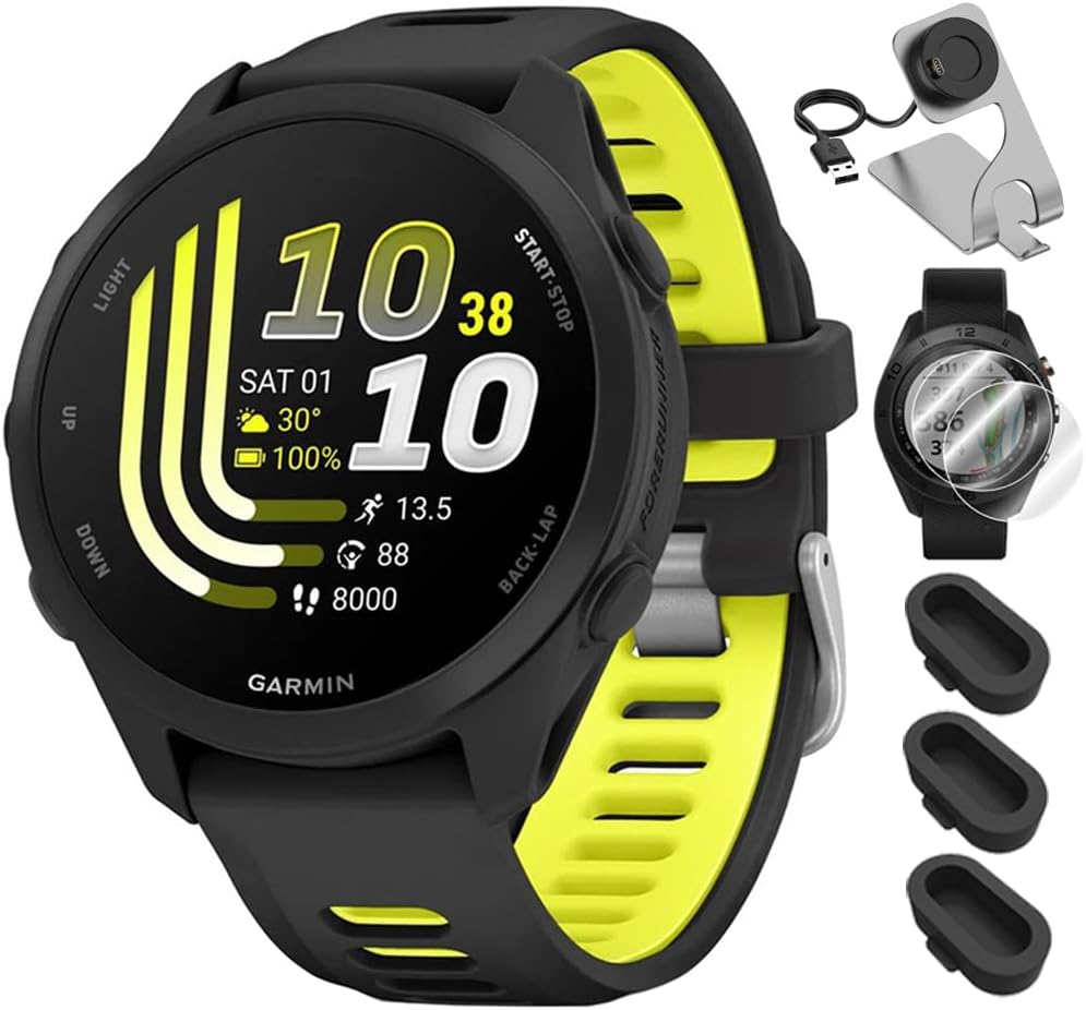 Forerunner 170, 1.2" AMOLED GPS Running Watch, Pay, 10-Day Battery, Black/Amp Yellow, 010-03920-00 w/Deco Essentials Charging Dock, 2-Pack Screen Protector & 3-Pack Dust Cover