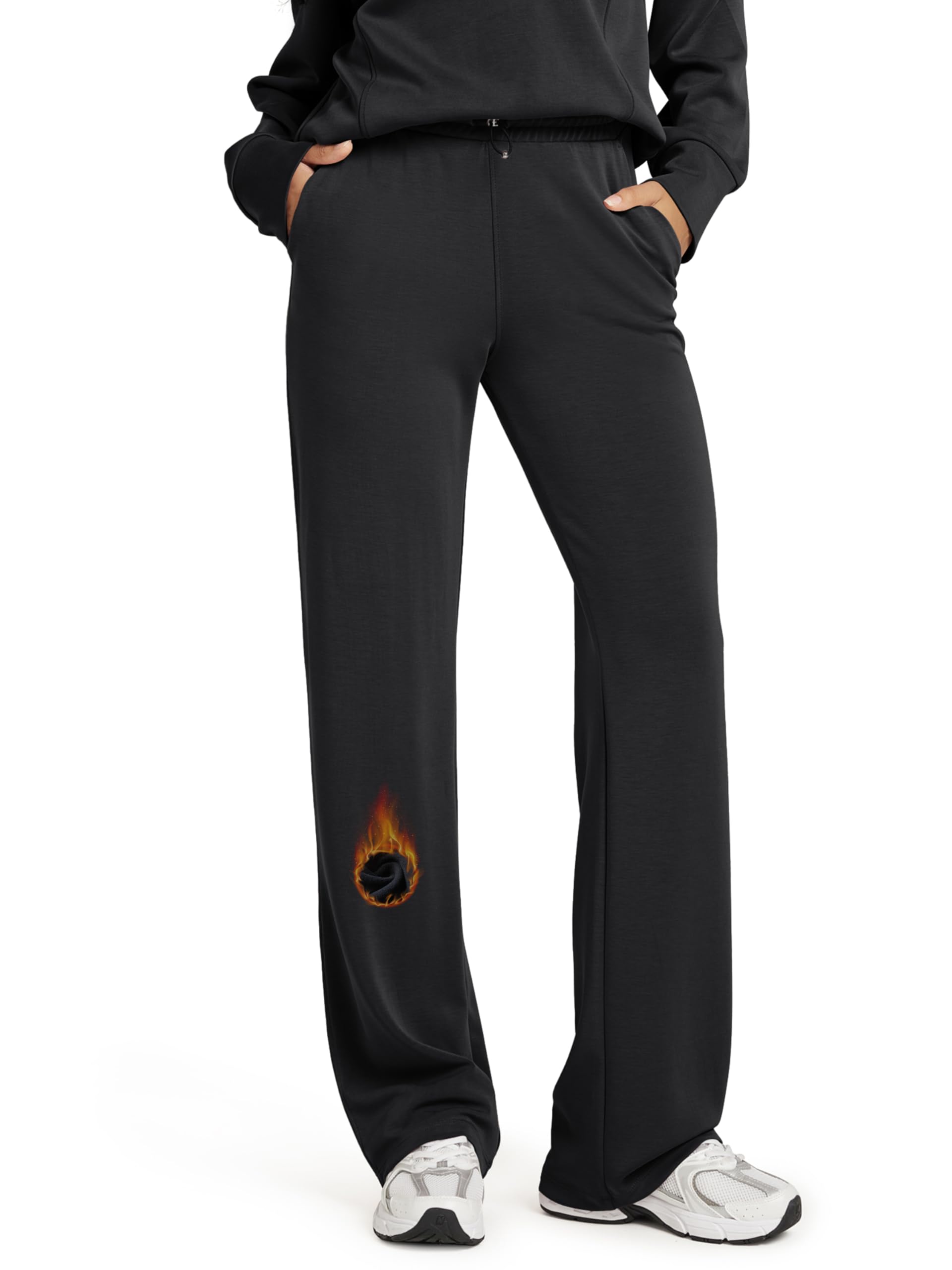 ODODOS Women's Modal Soft Wide Leg Pants with Pockets Adjustable Shockcord High Waist Casual Lounge Pants-31 Inseam, Fleece Lined Black, X-Small