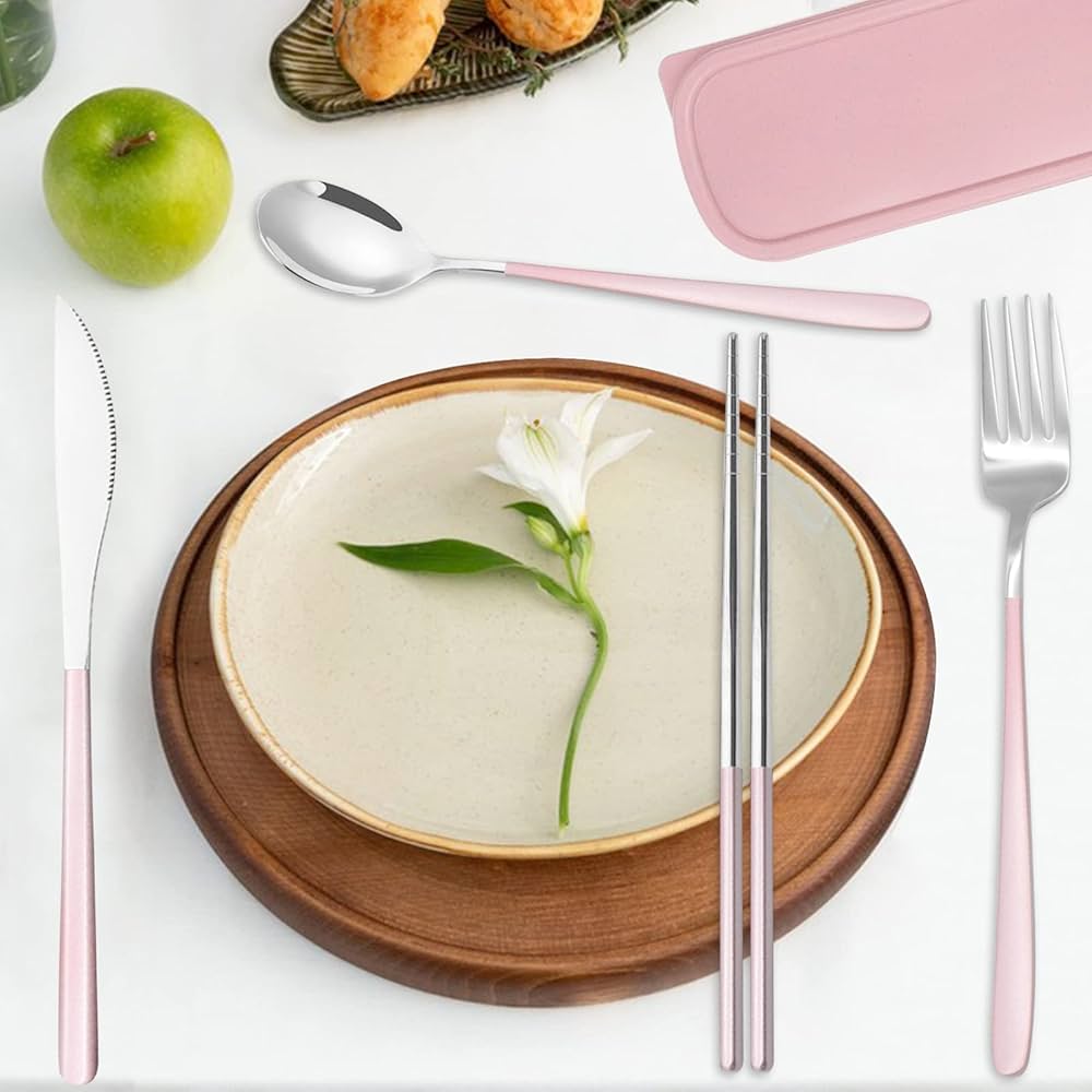 INKULEER Travel Cutlery Set, 18/8 Stainless Steel Cutlery, Reusable Utensils Set With Case, Portable Silverware Lunch Box For Camping And Office(Pink