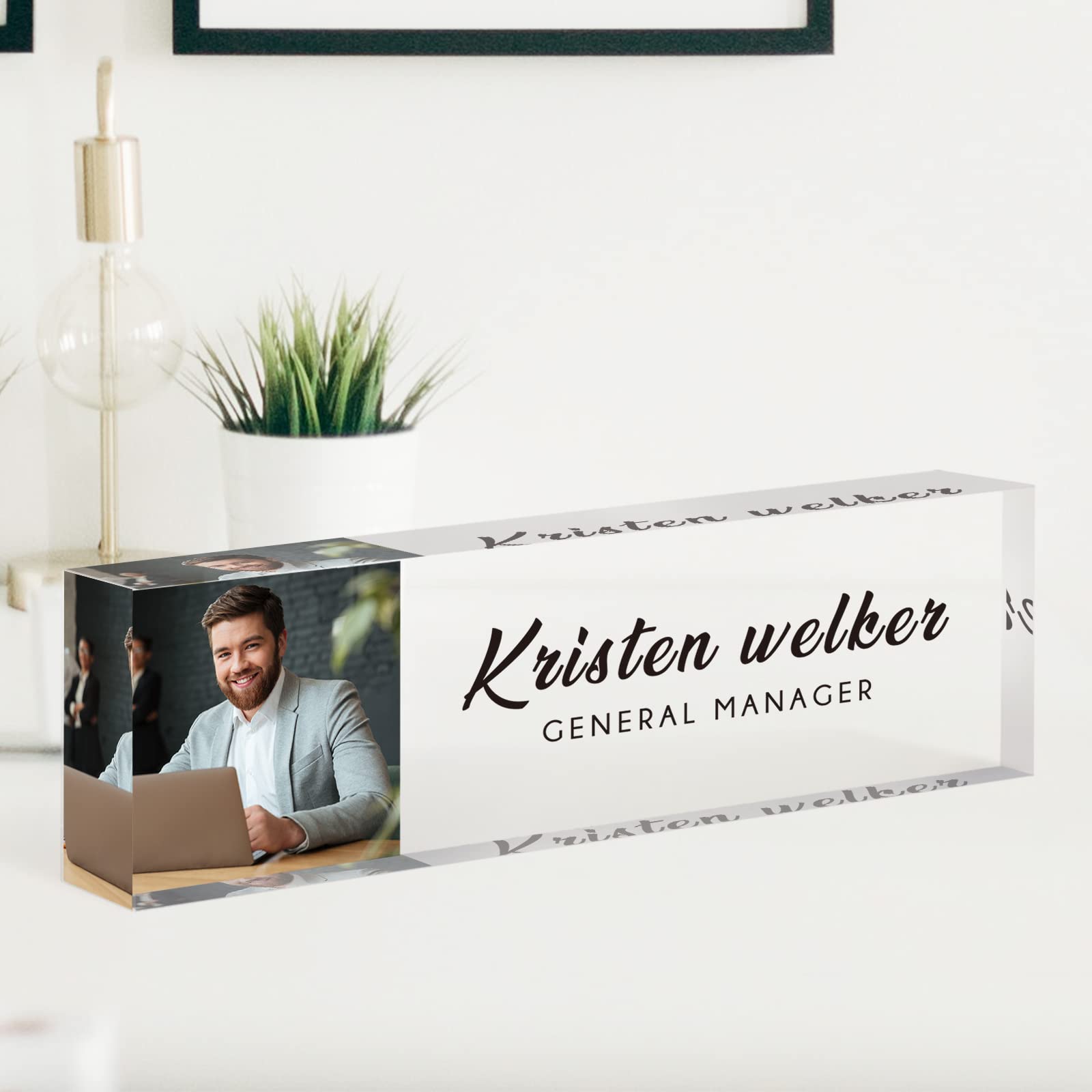 Desk Name Plate Personalized, Custom Name Plates for Desks, Office Desk Decor, Clear Acrylic Glass Block with Photo, Personalized Office Gifts for