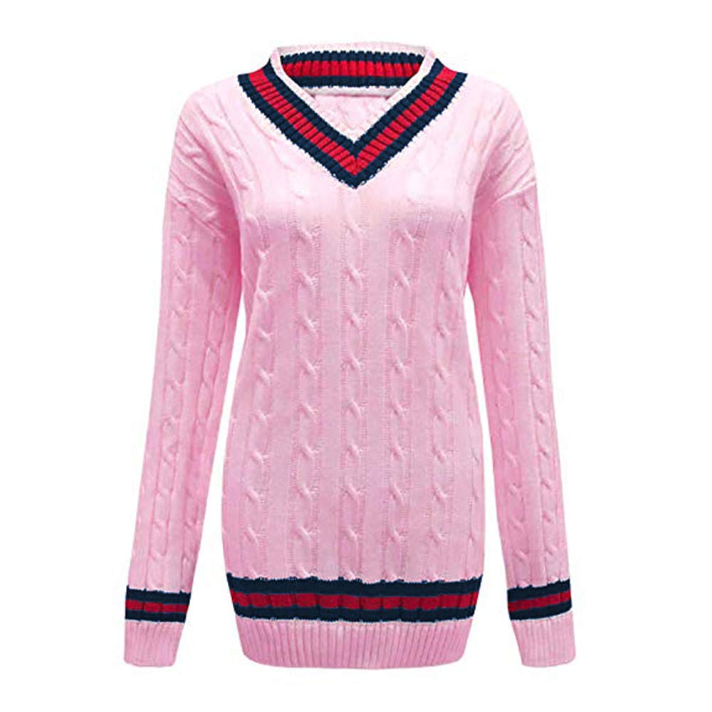 Minni Rossa Ladies V Neck Cable Knitted Cricket Jumper Womens Stretch Long Sleeve Stripe Top Sweatshirt (S-M, Pink/Navy)