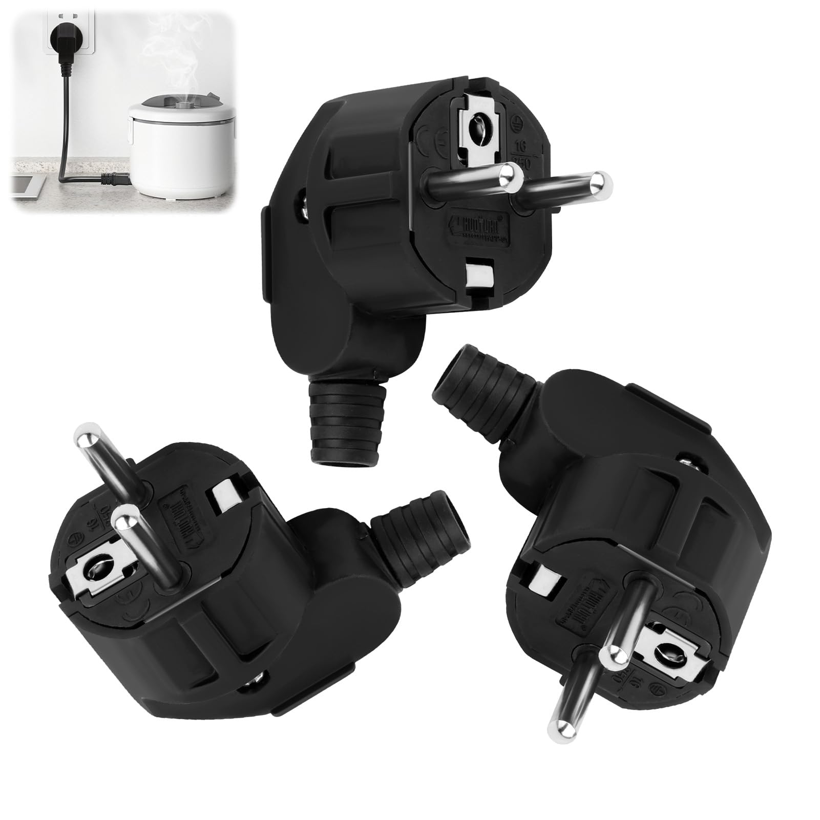 3PCS Spina Schuko Angolare, Spina Di Alimentazione Con Beccuccio Antipiega, 250V 16A con Beccuccio Antipiega, Presa Di Corrente Ip20 Con Contatto Di Protezione per Uso Interno Ed Esterno