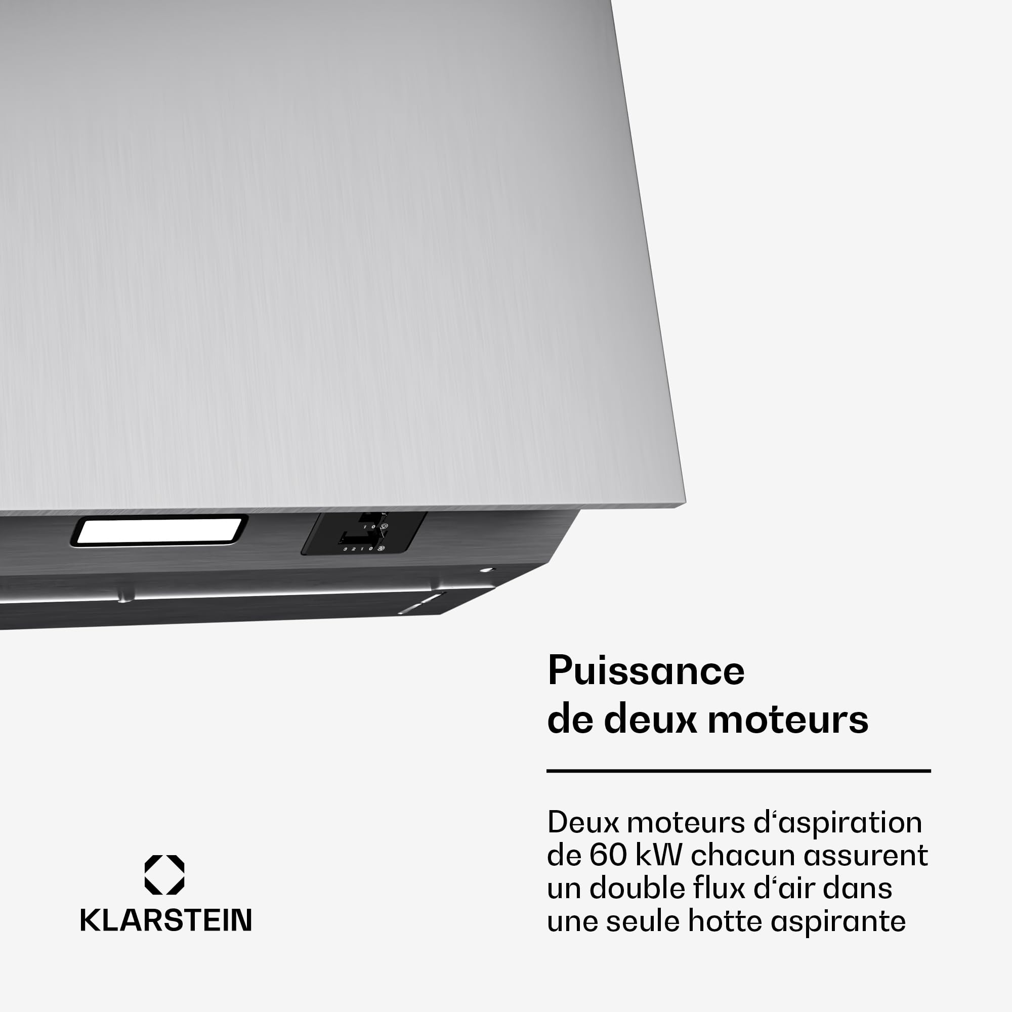 Klarstein Swift Square Hotte Aspirante, 60cm Hotte Cuisine Aspirante, Débit 380 m³/h, Double Moteur AC, Éclairage LED 2W, Filtre à Charbon Actif, Classe Énergétique C, Commande Tactile