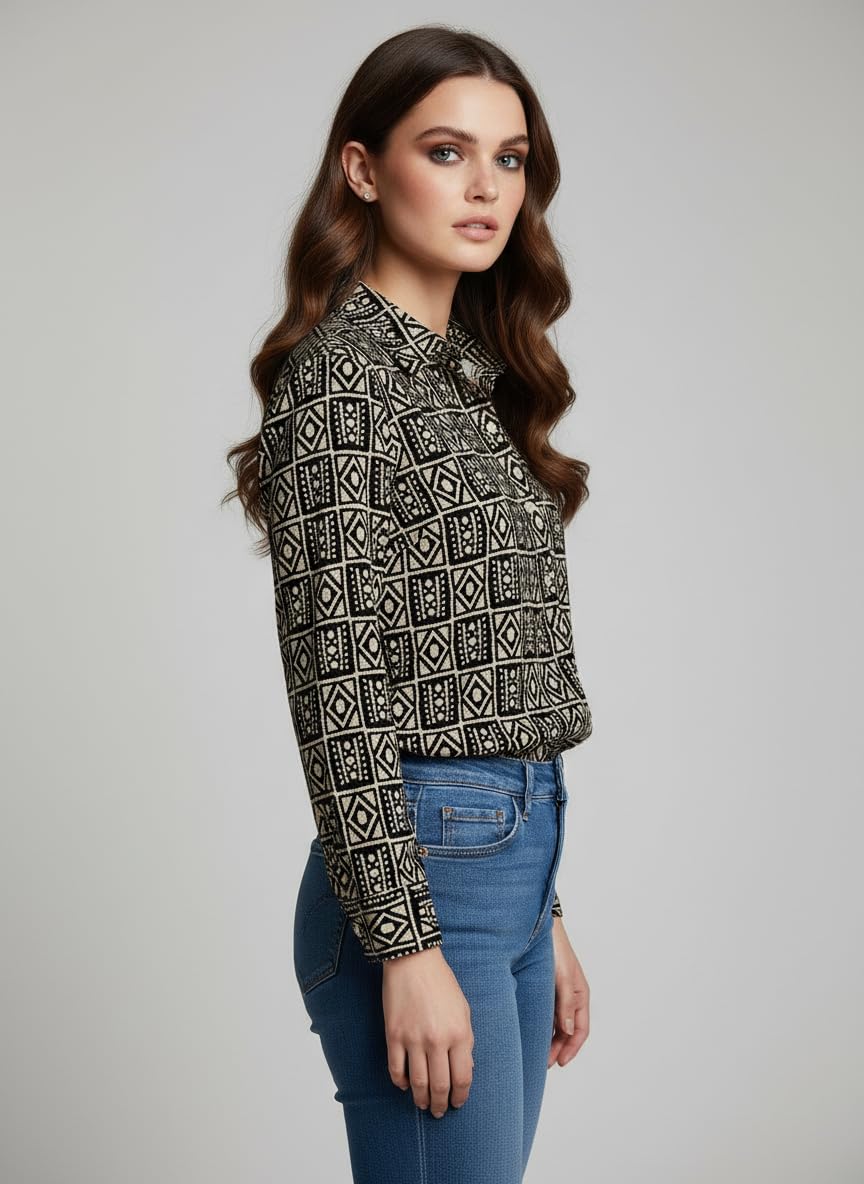ANNI Designer Bedrucktes Damenhemd aus Baumwollmischgewebe, langärmelig, normale Passform, Hemdkragen, legere Bürokleidung, elegante Western-Kleidung für den Alltag, Hochzeit, Party