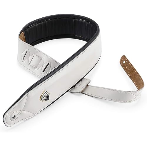 BestSounds Genuine Leather Guitar Strap for Electric & Acoustic Bass Guitar, White Padded Guitar Strap