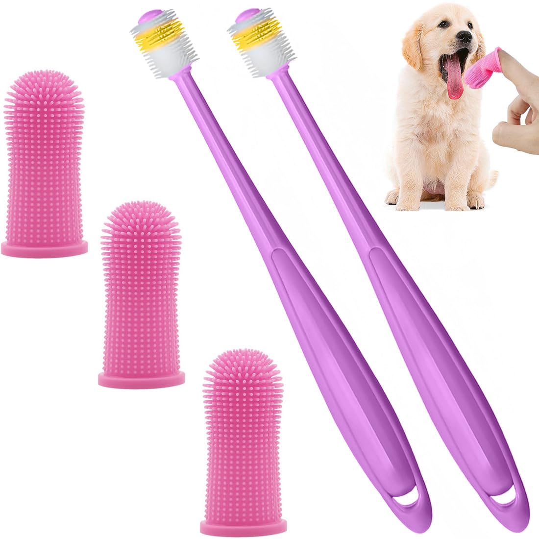 5 Paquetes Cepillo Dientes Perro, 360º Cepillo de Dientes para Perros de Dedo,Kit de Cepillo de Dientes de Limpieza de Dientes de Silicona para Cachorros, Gatos y Mascotas Pequeñas Cuidado(Rosa)
