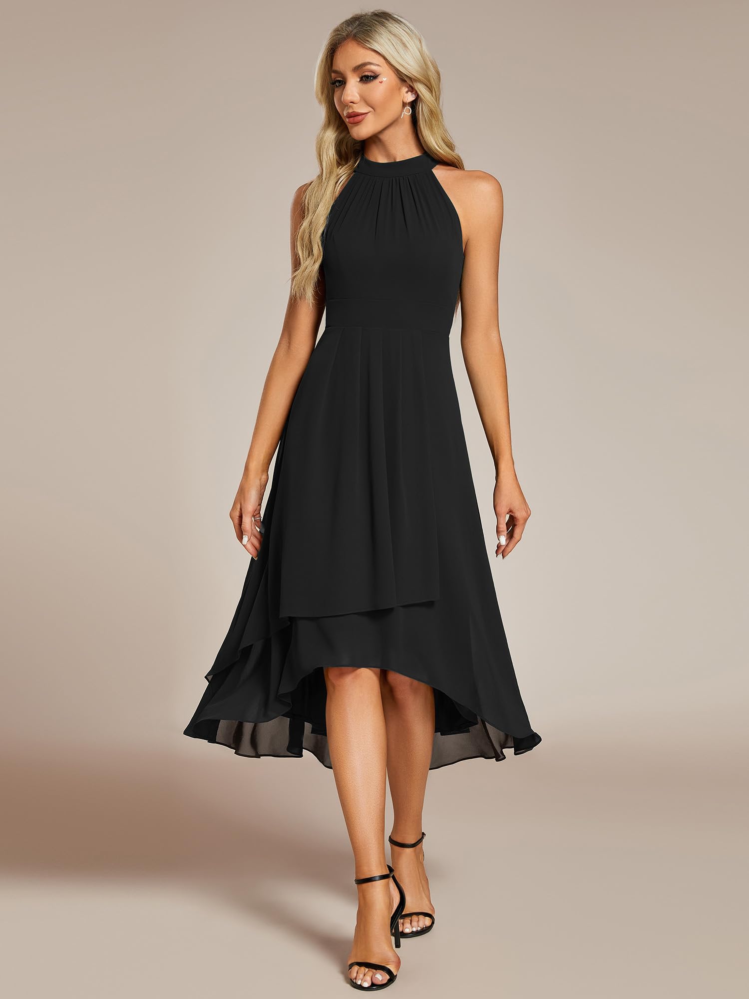 Ever-Pretty Vestido de Invitada Sin Respaldo Pliegues High Low Muselina Dobladillo Irregular Chic Vestido de Noche Elegante EG31926