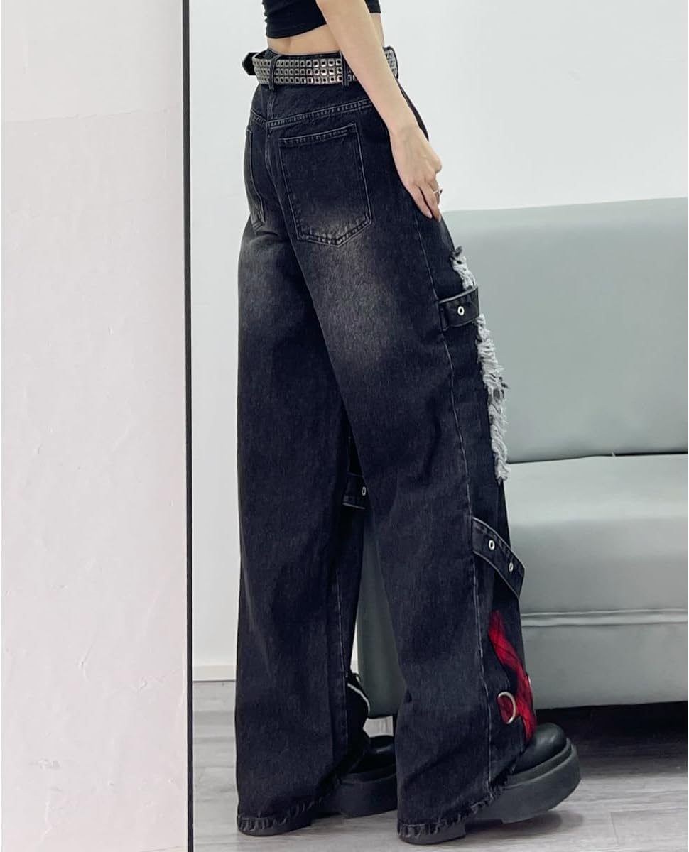 Harajuku Gothic High Waisted Straight Leg Jeans Y2K Vintage Lattice Fringe Ripped Embroidered Denim Pants - Image 6