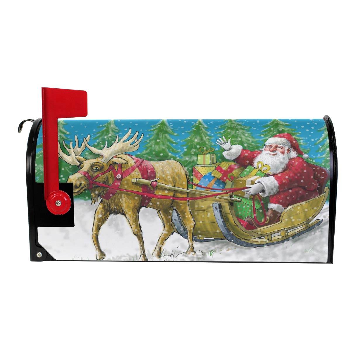 WOOR Merry Christmas Jolly Santa Claus Riding Reindeer Snow Magnetic Mailbox Cover MailWraps Garden Yard Home Decor for Outside Standard Size-18