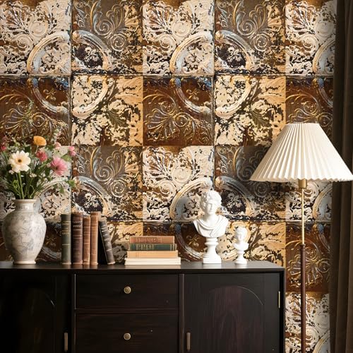 Stickyart Distressed Tin Tile Wallpaper Peel and Stick Waterproof Rustic Brown White Faux Tin Backsplash Contact Paper Removable 3D Embossed Retro Wallpaper for Kitchen Ceiling Accent Wall 17.5'x80'
