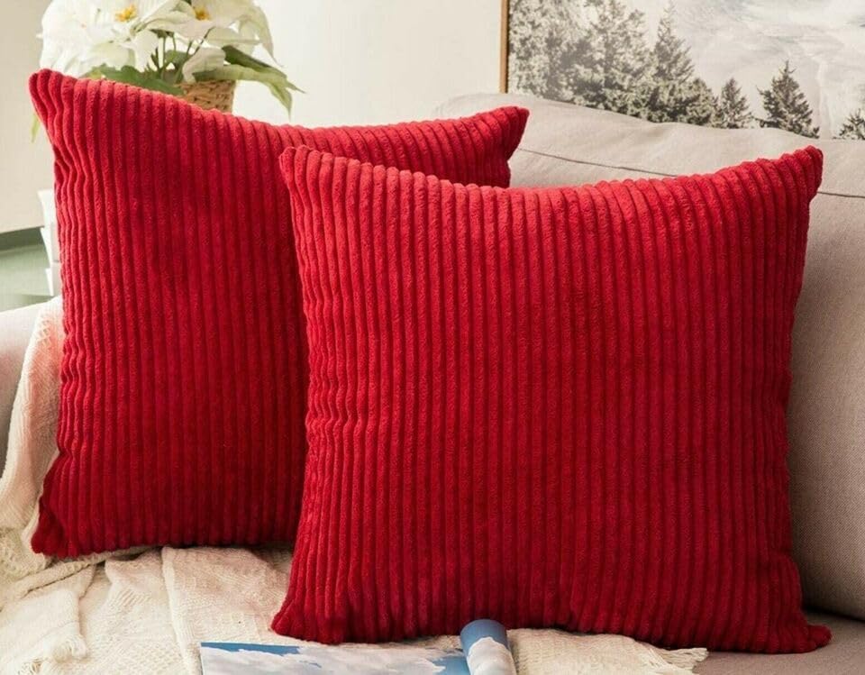 Seechoo Corduroy Cushion Covers, Set of 2, 45 x 45 cm, Striped, with Invisible Zipper, 18 x 18 Inch (Red)