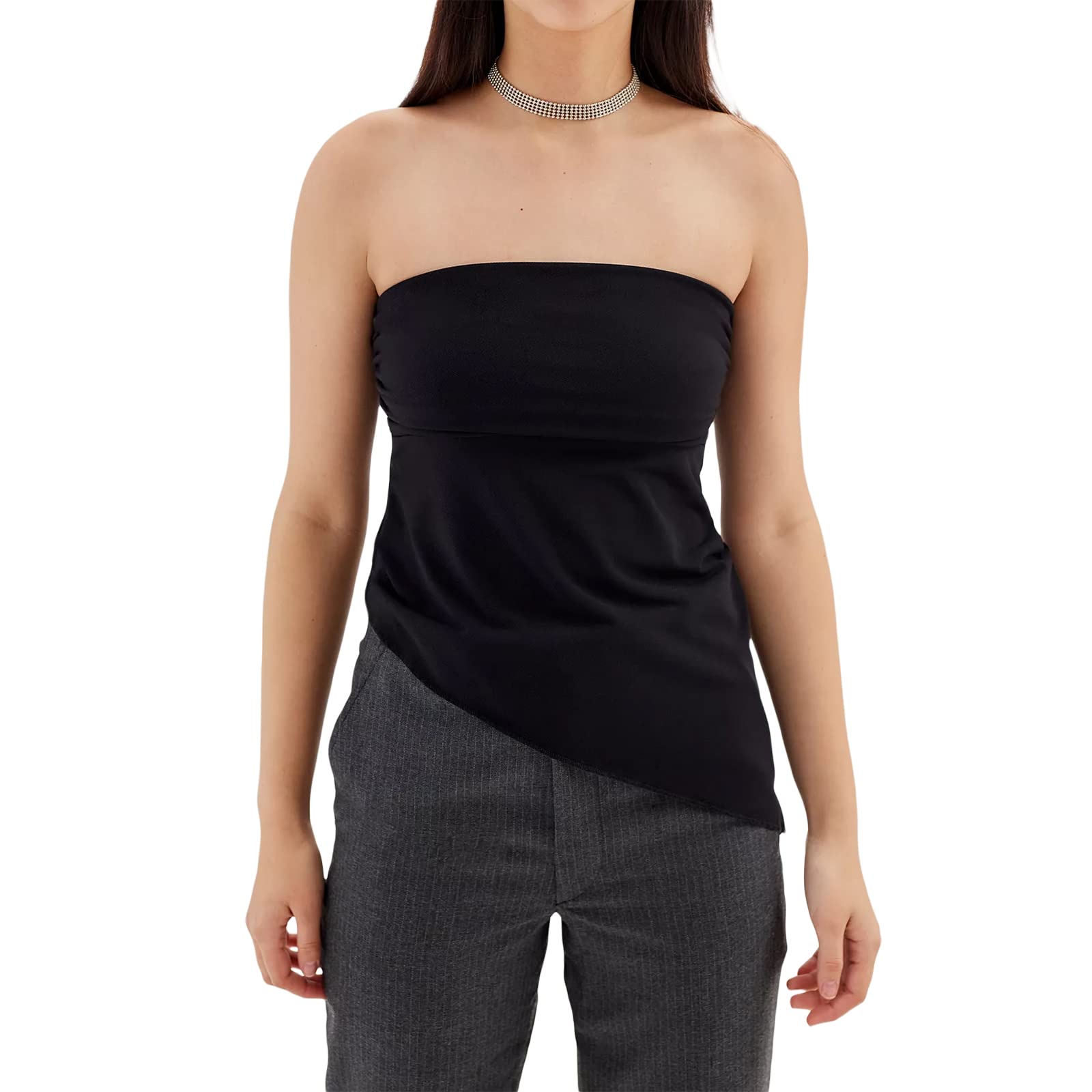 Women’s Asymmetrical Hem Crop Top – Strapless & Sleeveless Tube Top – Slim Fit Ruched Design - View #2