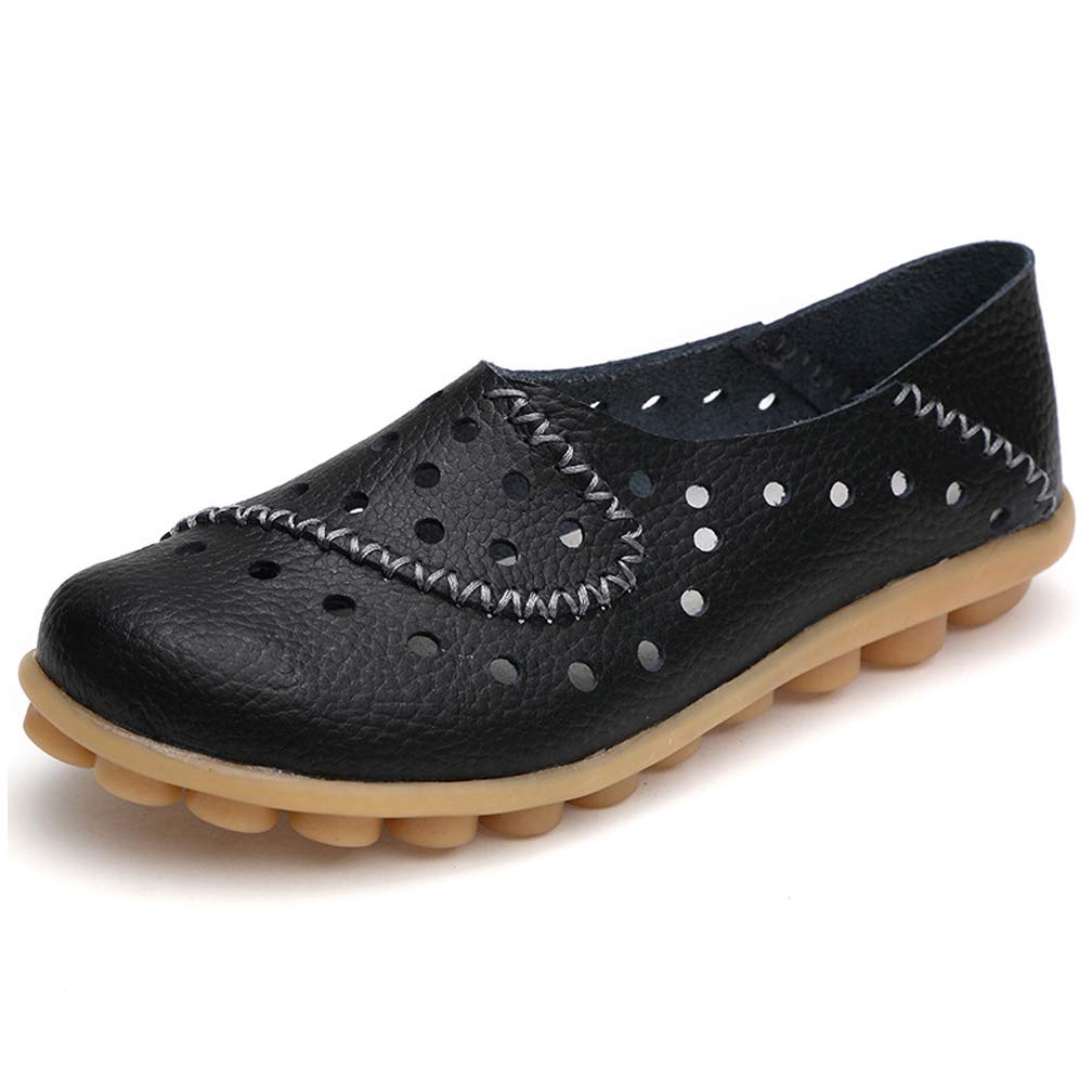 Womens Leather Driving Shoes Slip-Ons Flats Casual Moccasins Soft Nurse Shoes Black
