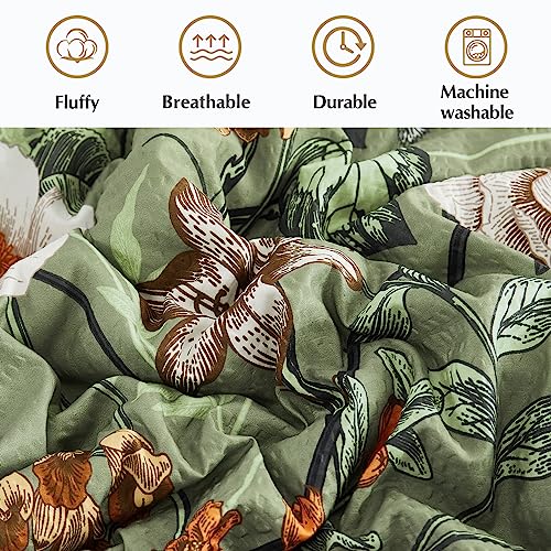 CASAAGUSTO Queen Comforter Set, 7 PCS Green Butterfly Floral Comforter Set with Flowers Leaves Pattern, Soft Seersucker Design All Season Queen Size Bedding Set(90"X90")