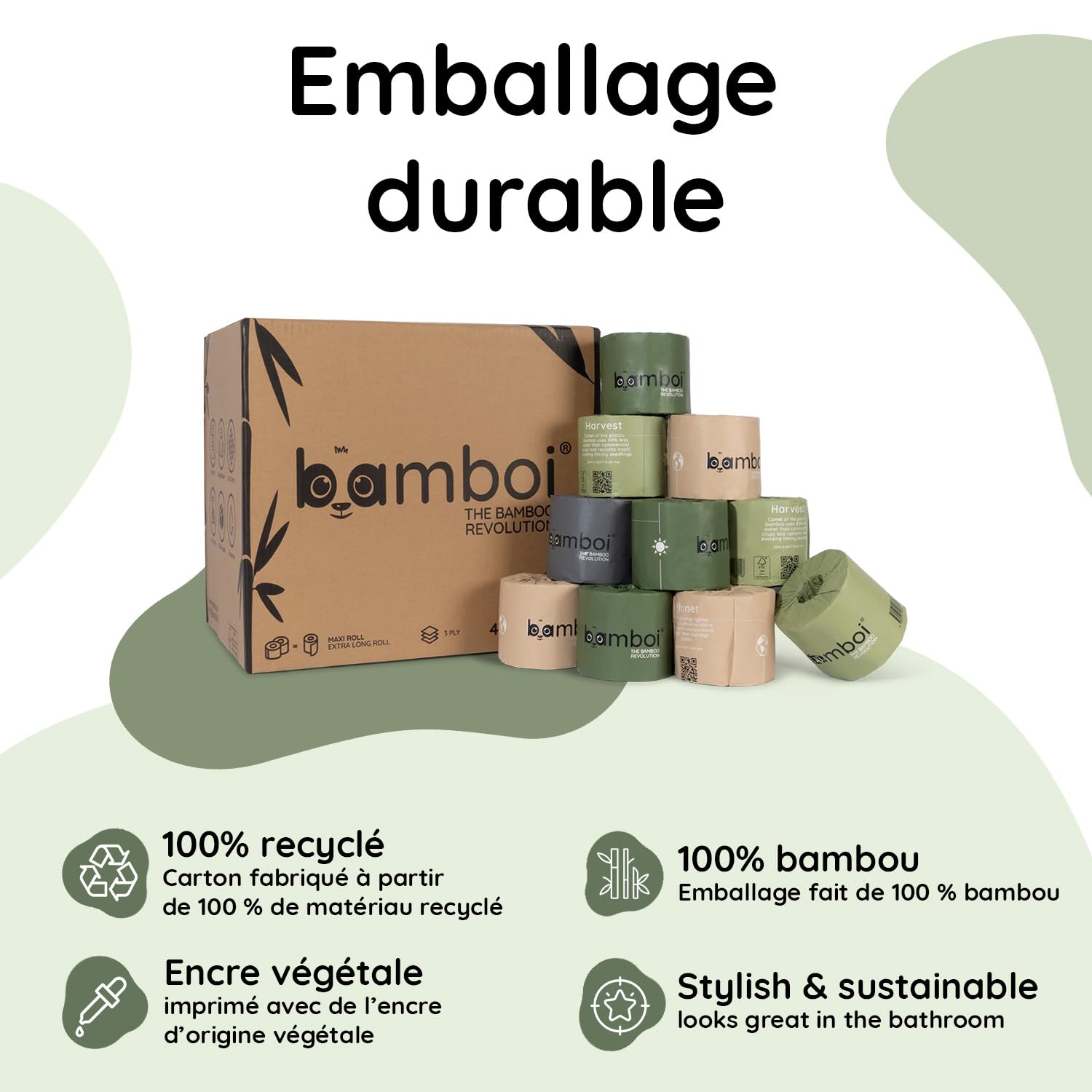 Papier Toilette en Bambou 3 épaisseurs 48 Maxi Rouleaux | Très doux, équivalant à environ 125 rouleaux de papier toilette standard, bambou certifié 100% FSC®