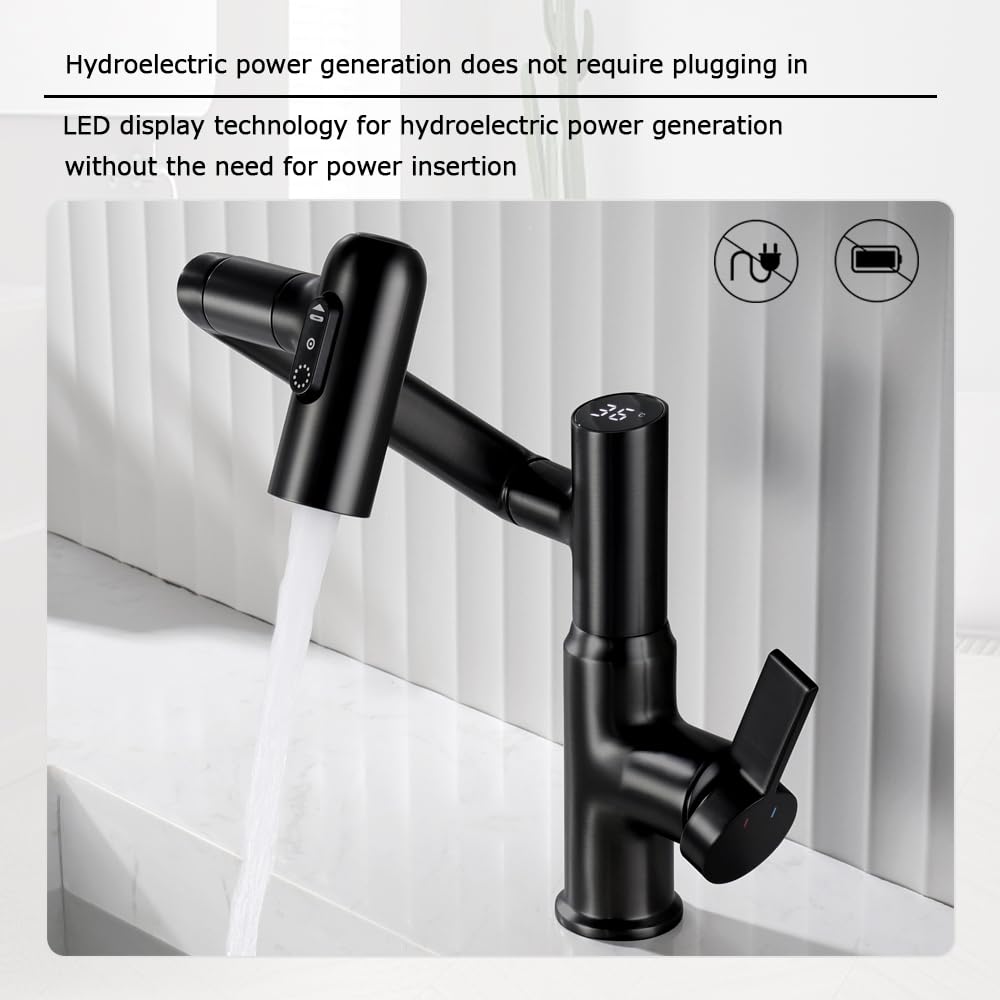 Rubinetti per bagno con temperatura, 2 getti, senza display elettrico della temperatura, rubinetti per bagno con maniglia singola, rubinetti per lavabo da bagno (display della temperatura, nero opac