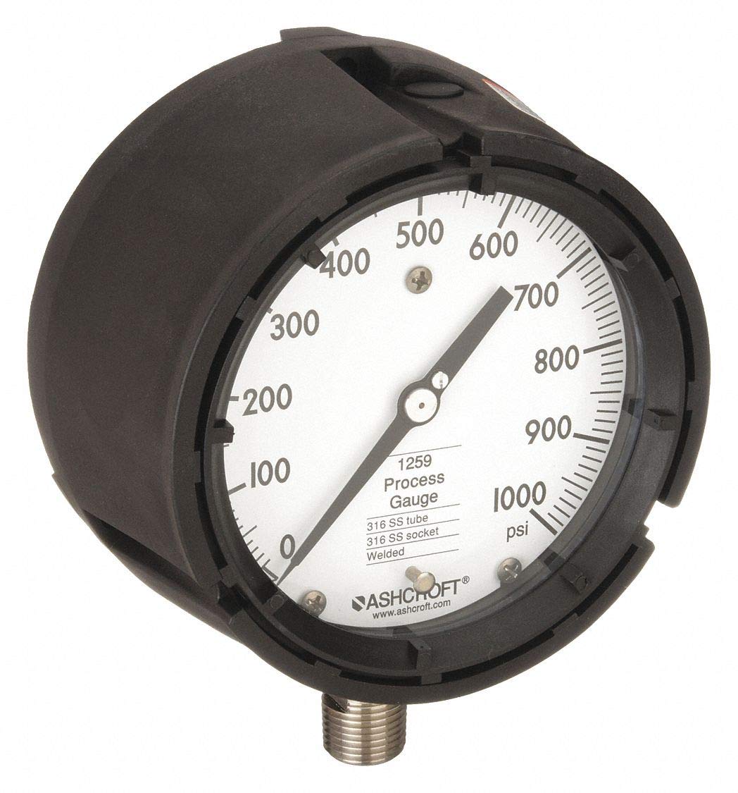 Ashcroft Type 1259 Fiberglass Reinforced Thermoplastic Solid Front Safety Case Dry Filled Process Pressure Gauge, Stainless Steel Tube and Socket, 4.5