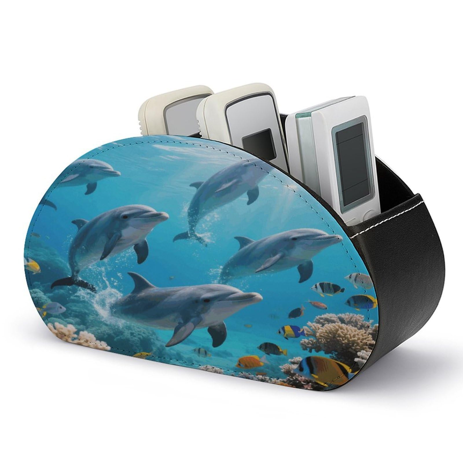 VstaDank - Dolphin Remote Control Holder PU Leather Multifunctional Office Organizer Brush Holder Desktop Storage with 5 Compartments Box