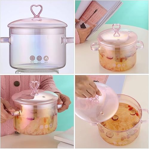 Miniatura 8 de ERINGOGO Cacerola con tapa en forma de corazón, olla de cocción de 50 onzas, olla de cocción transparente rosa con asas resistentes, olla de sopa