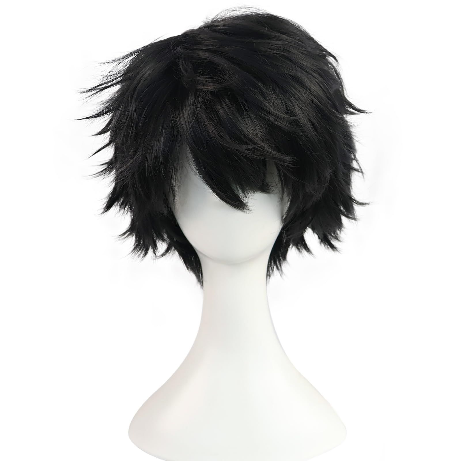 BEKIDER+1 Hair Cap Short Black Wig for Men Black Wavy Wig with Bangs for Halloween Christmas Event Costume Party - Image 2