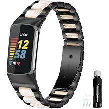 Resin Stainless Steel Watchband Compatible with Fitbit Charge 6 / Charge 5 Smartwatch Wristbands Replacement Metal Strap for Women Men
