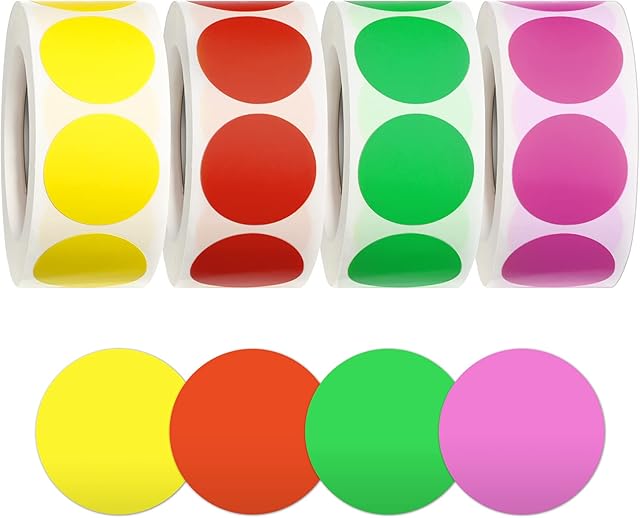 2000 Pieces Dot Stickers Colored Circle Round Removable Color-Code Dots Stickers Label Rolls Label Sticker for Office, Inventory Labeling 500 Pieces/Roll (Red, Pink, Yellow, Green)